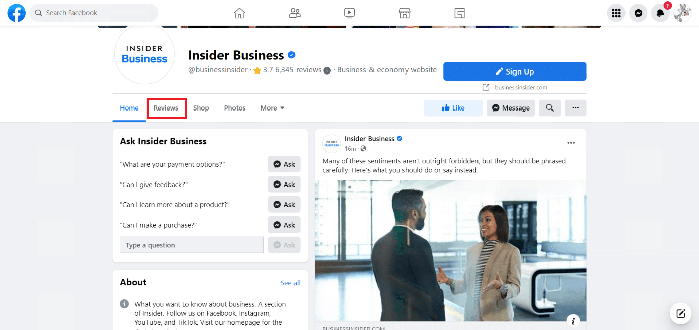 Click on the Reviews tab | How to Leave a Review on Facebook App
