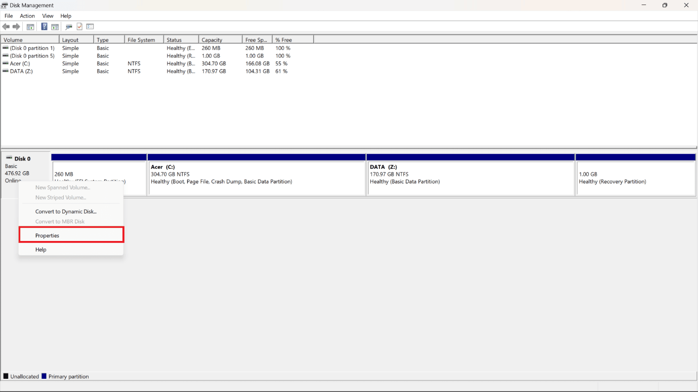Right-click the target disk and select the Properties option.