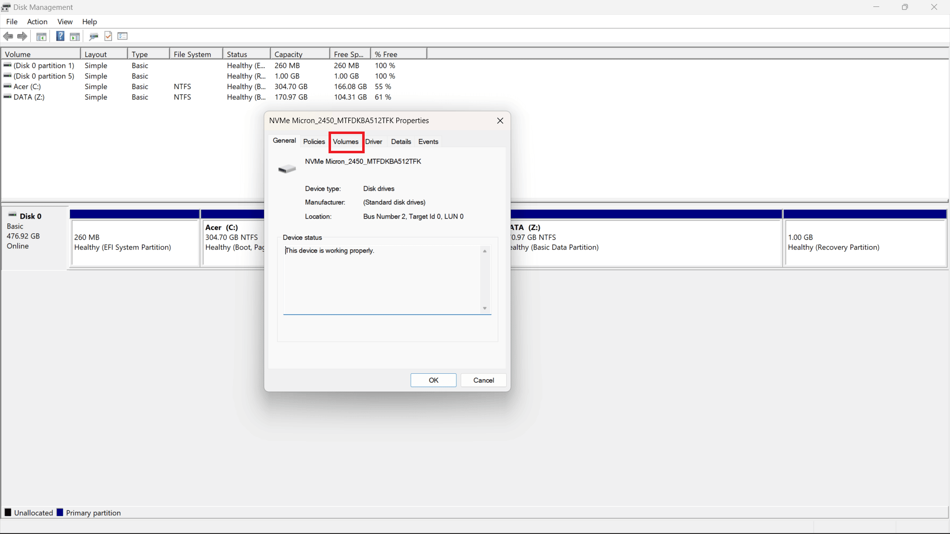 Properties tab will open, now select the Volumes tab at the top.