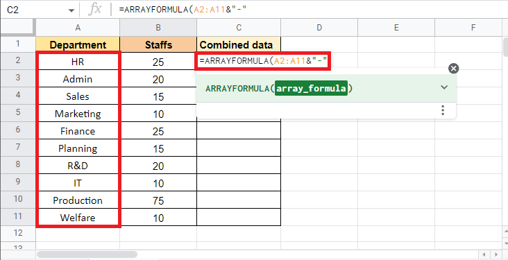 Select the Department column and add an ampersand (&) and a separator so that you can select the next column 