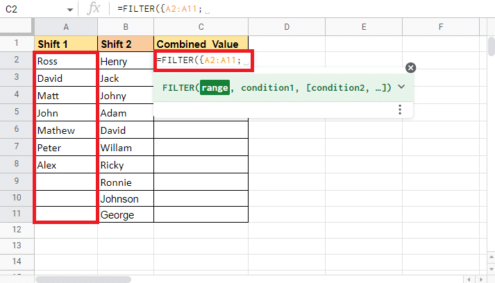 Open curly brackets and select the Shift 1 column and add a semi-colon 