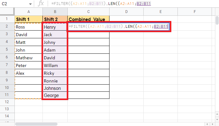 Add a semi-colon and select the shift 2 column again 