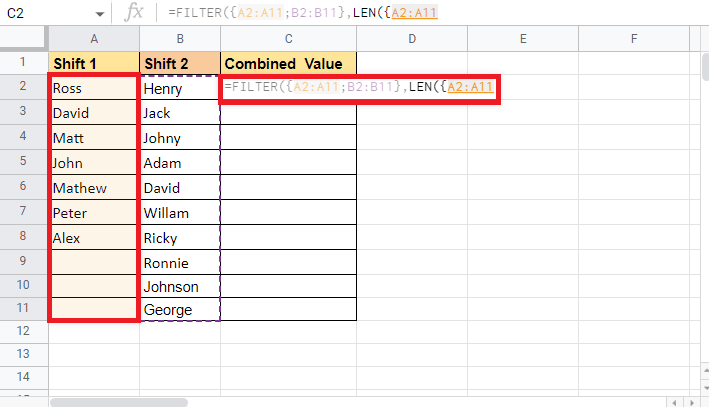 Open a curly bracket and select shift 1 column again 