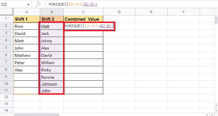 Add a semi-colon and select the second column Shift 2 