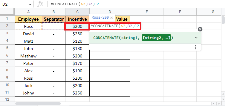 Add comma and select the third cell that needs to be combined which is cell C2 in this case 