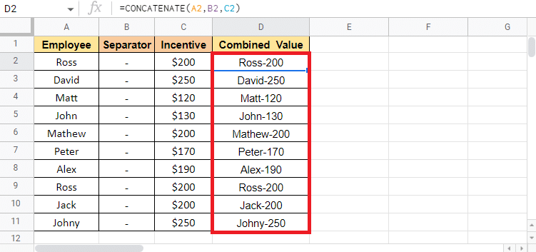 Drag the corner of the D2 cell to copy the formula throughout the column 