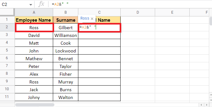 Select the first cell that has to be combined which is A2 add an ampersand and in quotations add space as a separator 