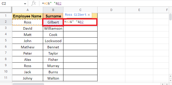 Put an ampersand again and select the second cell that has to be combined which is B2 