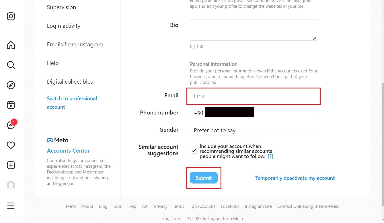 enter the desired email in the Email field - Submit