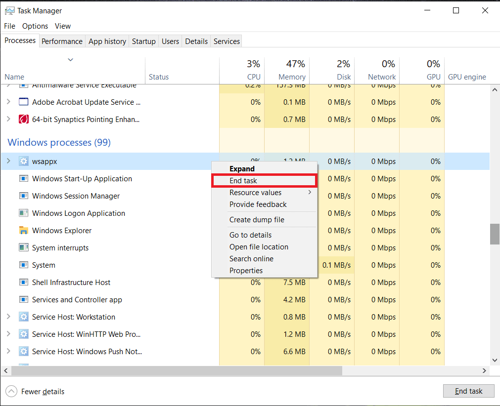 Click on End Task | what is wsappx and how to disable it