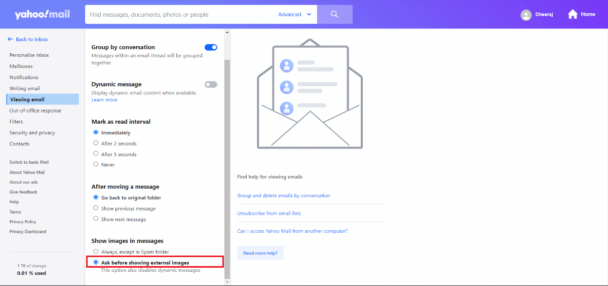 under Show images in messages, choose the Ask before showing external images option.
