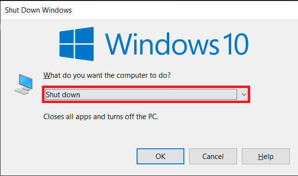 Choose Shut Down from the selection menu and click on OK