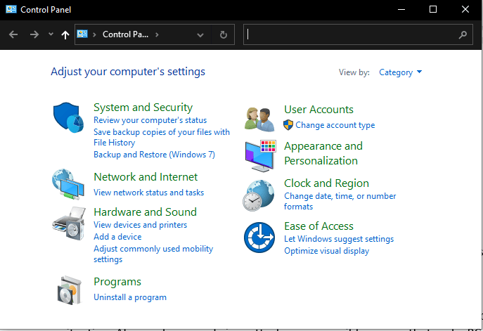 Control Panel main interface. Fix Machine Check Exception Error in Windows