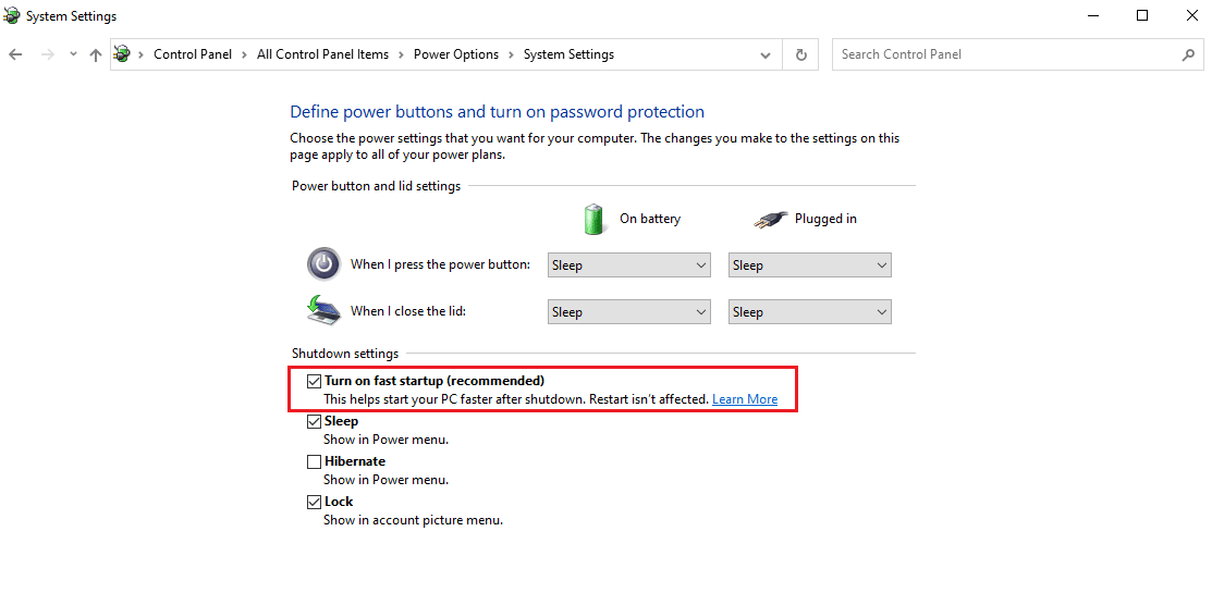 Change the status of Turn on fast startup. Fix Machine Check Exception Error in Windows