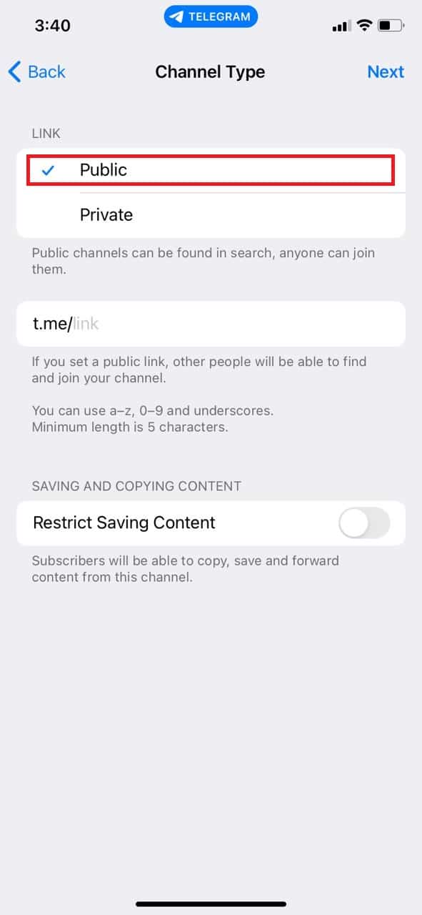 Tap on the Public Channel if you want a public channel 