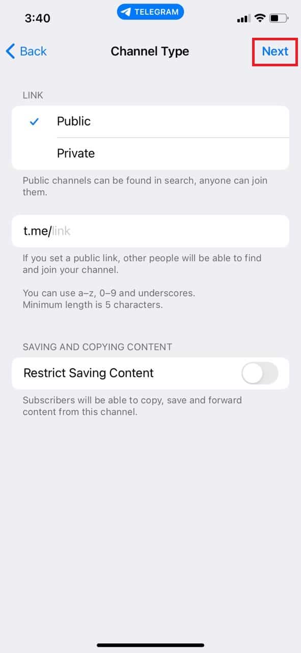Tap Next. How to Create Telegram Channel