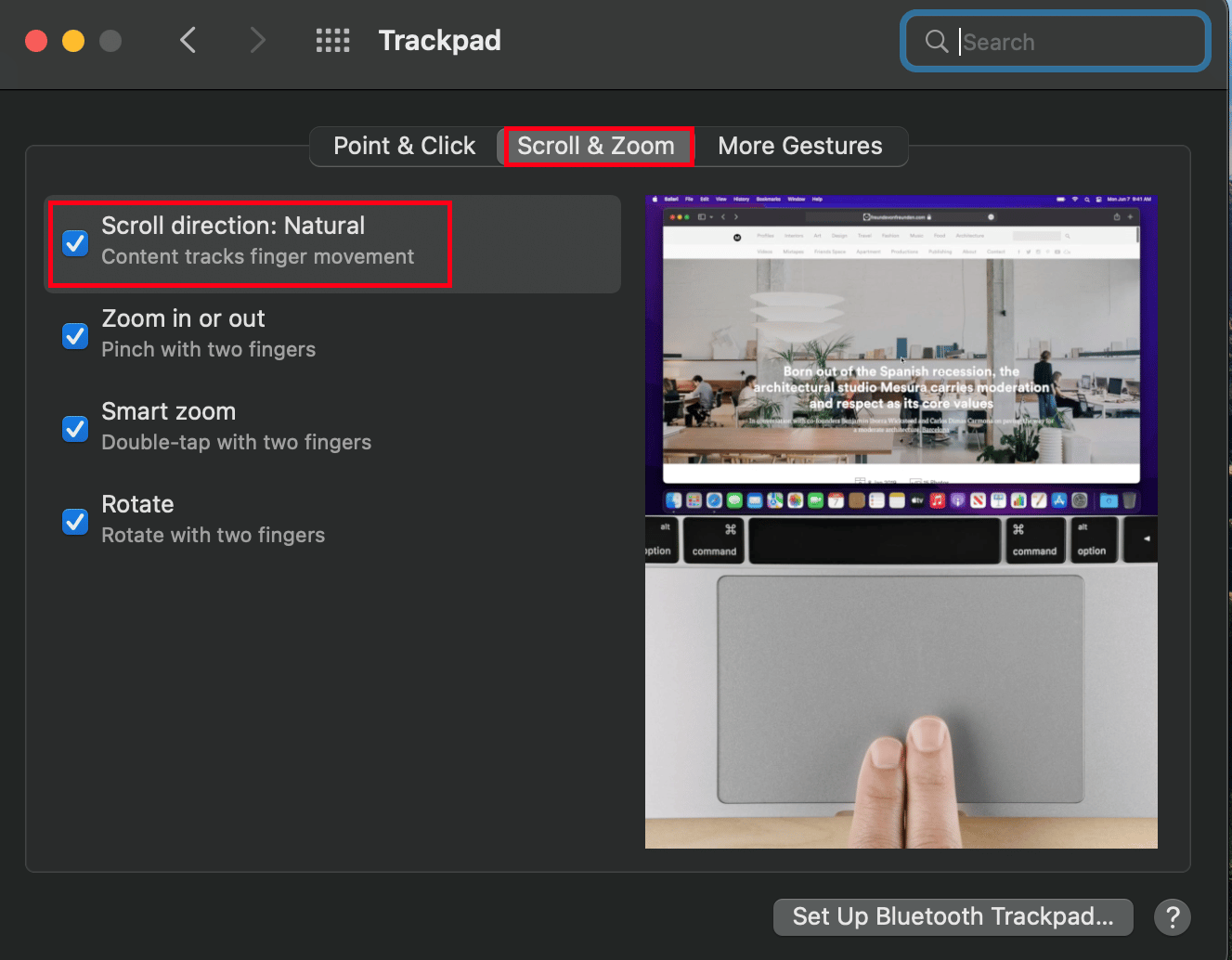 go to Scroll & Zoom header and select the Scroll Direction: Normal. | trackpad not working Mac
