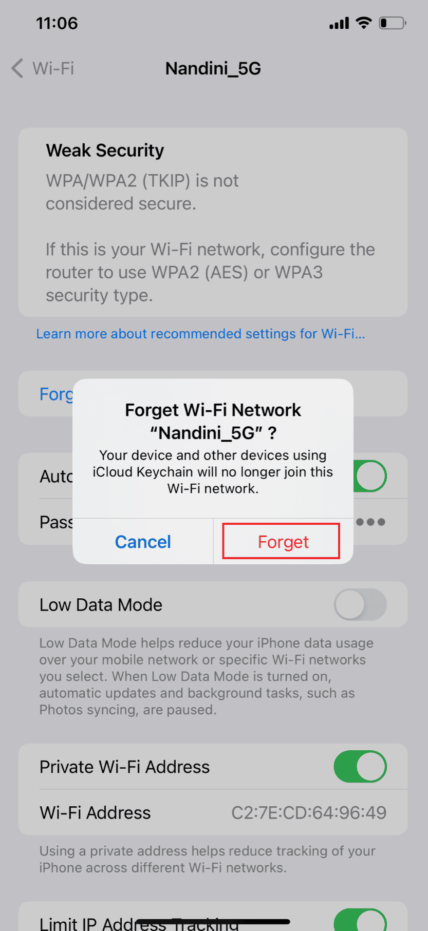 Tap on Forget from the popup