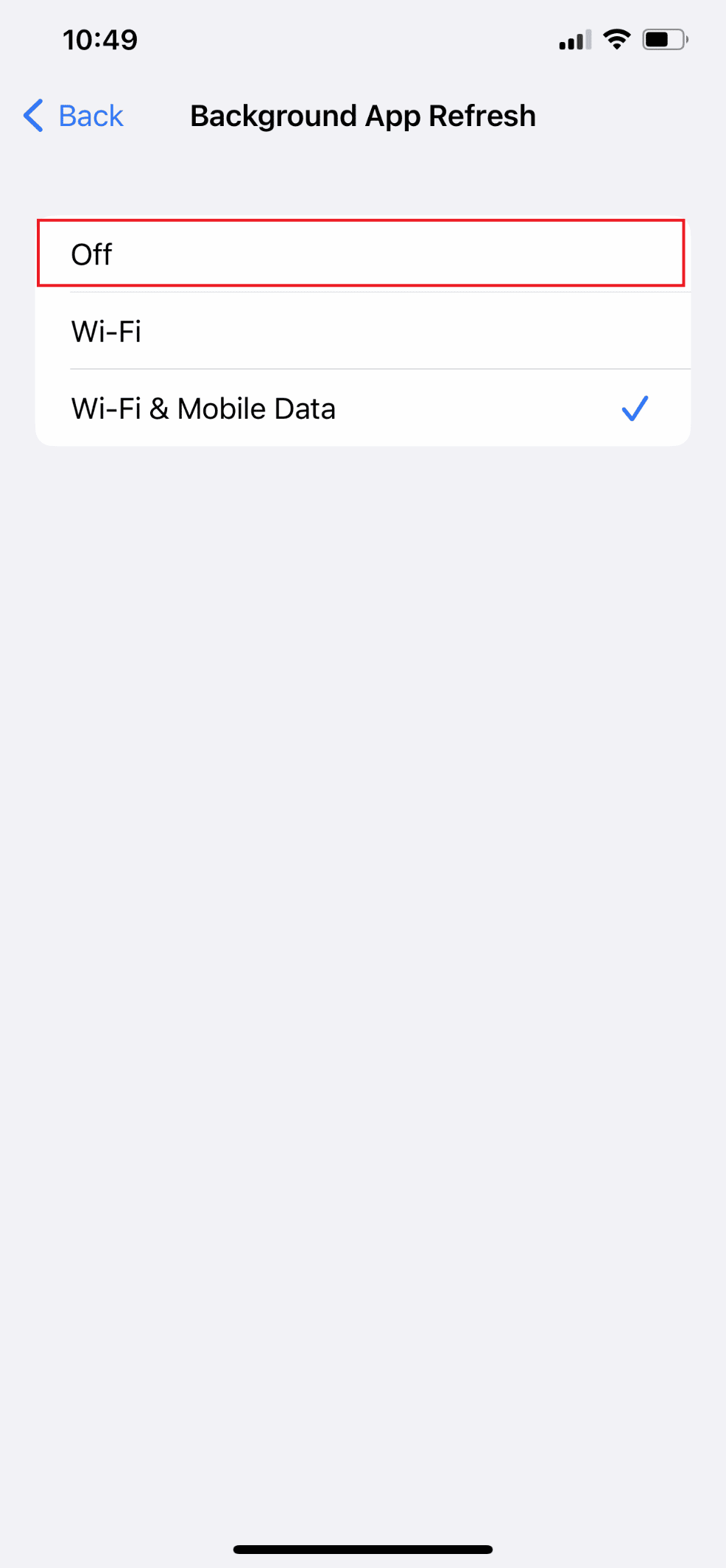 Finally select the Off Option 