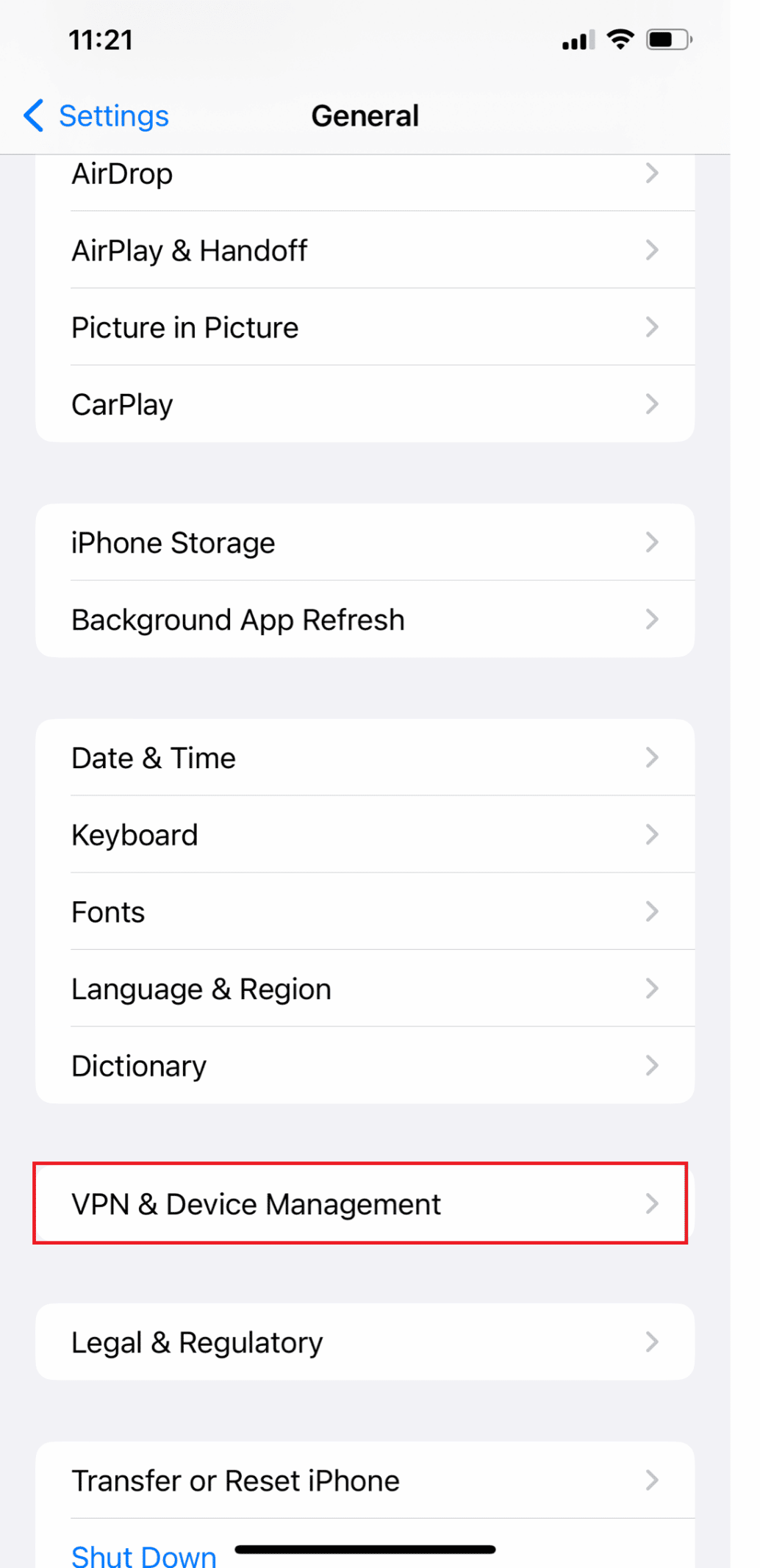 Select VPN & Device Management 