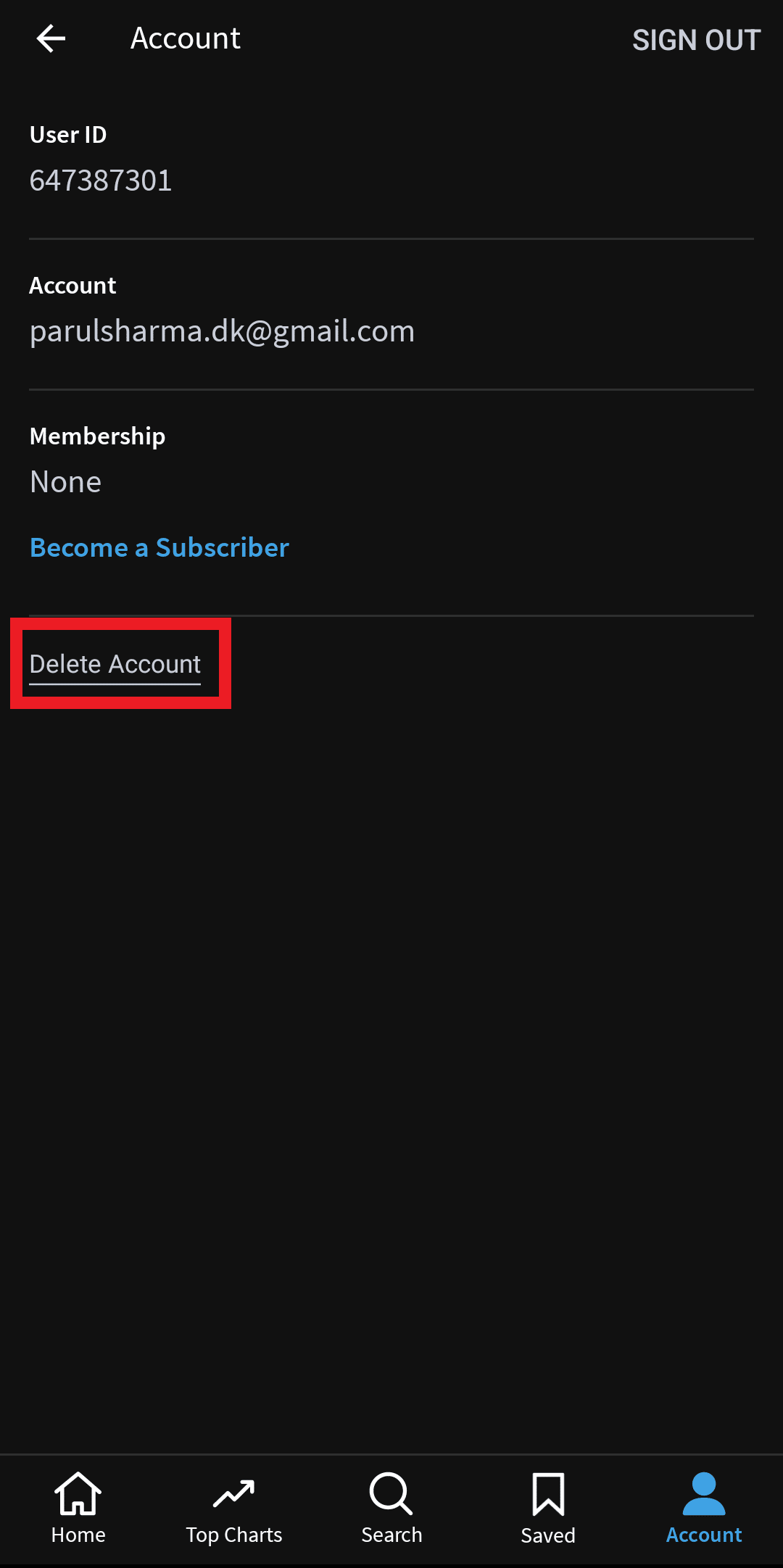 tap on delete account