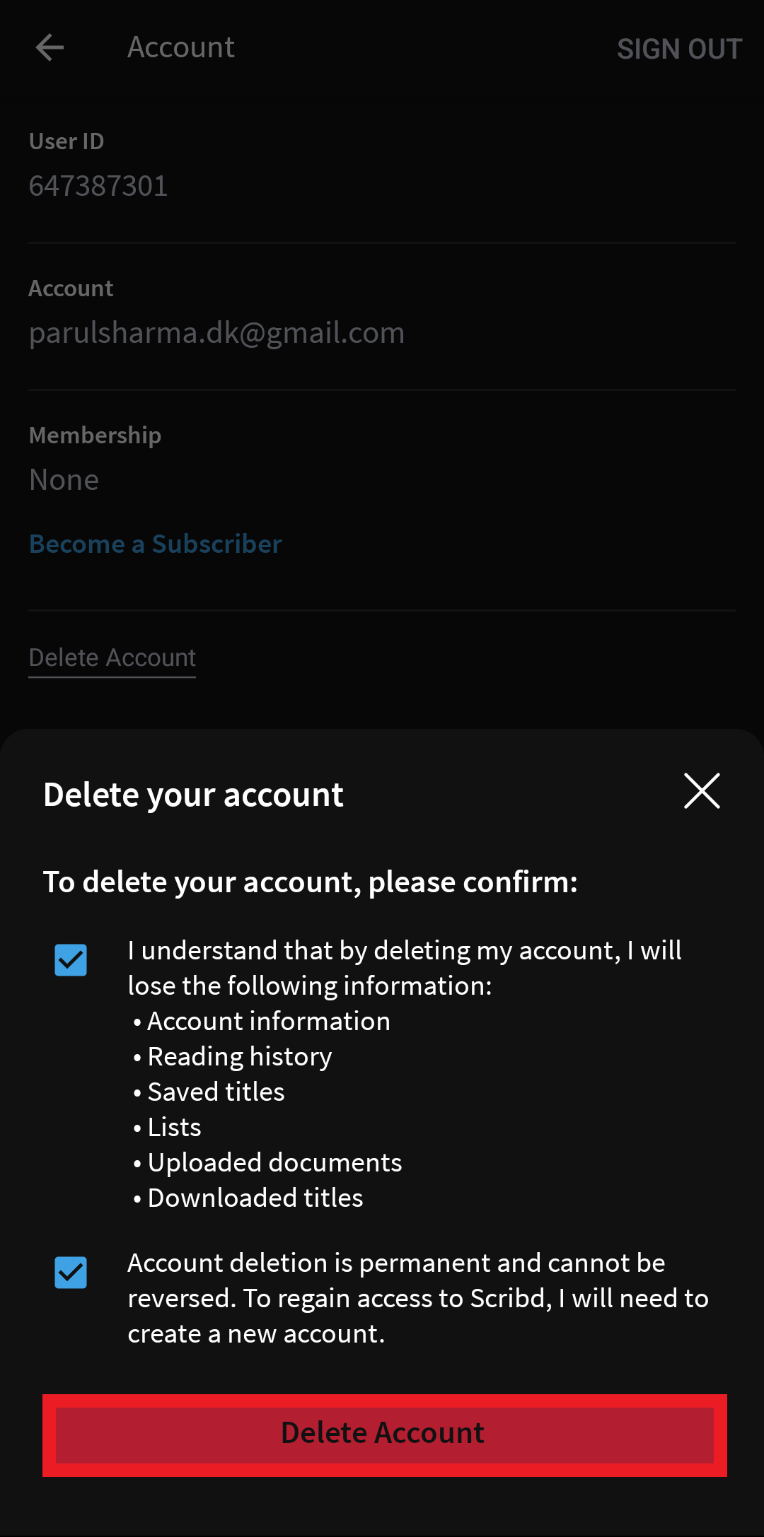check the boxes and tap on delete account | How to Delete Scribd Account