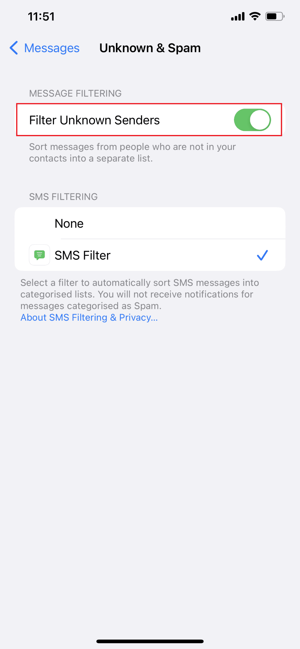 Then, turn off Filter Unknown Senders | Why are My Notifications Not Making Sound on iPhone