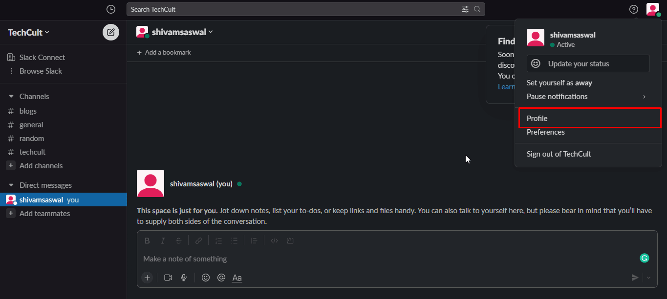 Hover over your profile picture icon to open up the drop-down menu and then click on the Profile option.