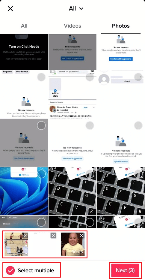 Select the desired photos from your phone gallery with at least one video and tap on Next | How to Edit Duration of Photos on TikTok on Phone