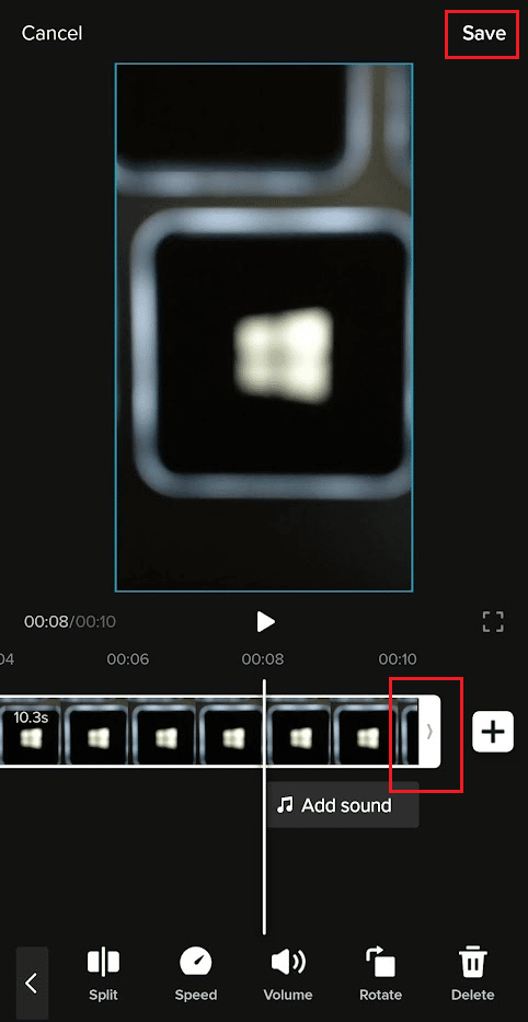 Video track - end of the video track - arrow end - move it to change the duration - Save