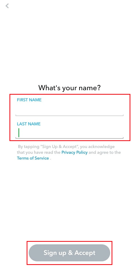Enter your first and last names and tap on Sign up & Accept | How to Remove Phone Number from Snapchat