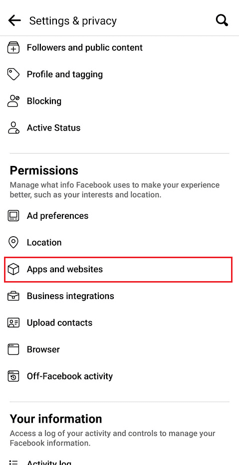 Tap on Apps and website under Permissions | How to Unlink Facebook from Call of Duty Mobile
