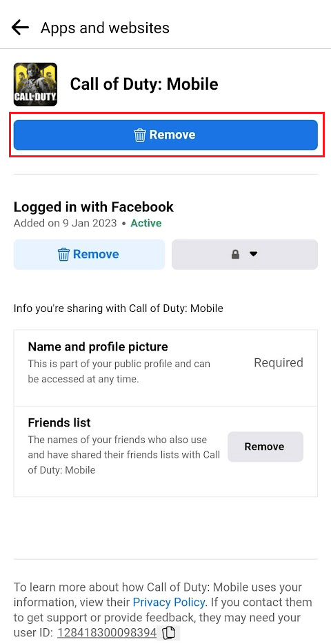 Tap on Remove | change linked account COD Mobile