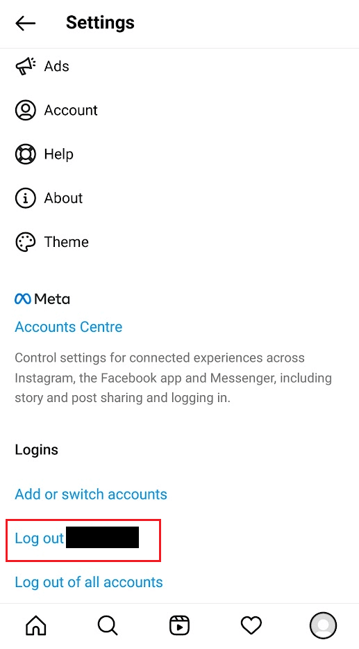 swipe down and tap on Log out [username] | How to Fix Black Instagram Photos
