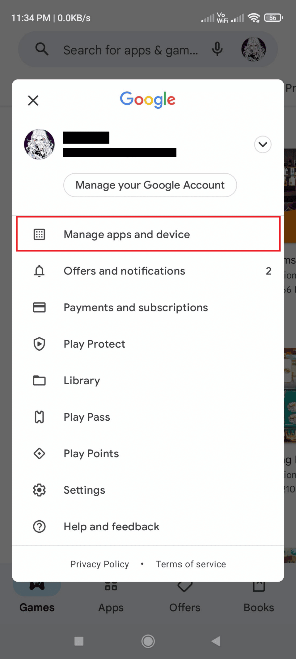 select Manage apps and device. | 