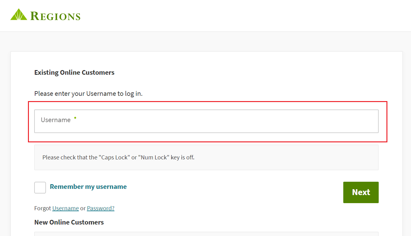 Log in to your Regions Online Banking account with your Username and Password