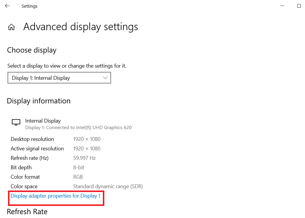 click on the display adapter properties for display1.