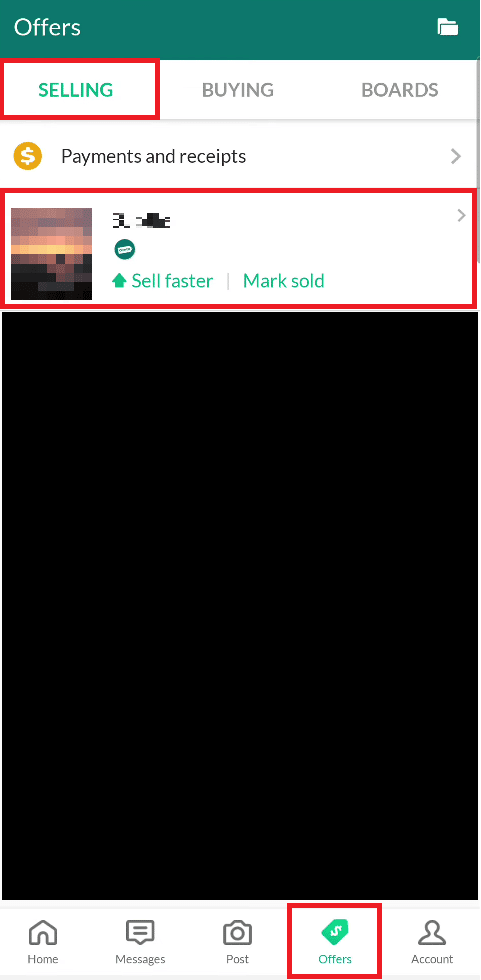 Tap on the Offers tab and switch to Selling section to select the desired item