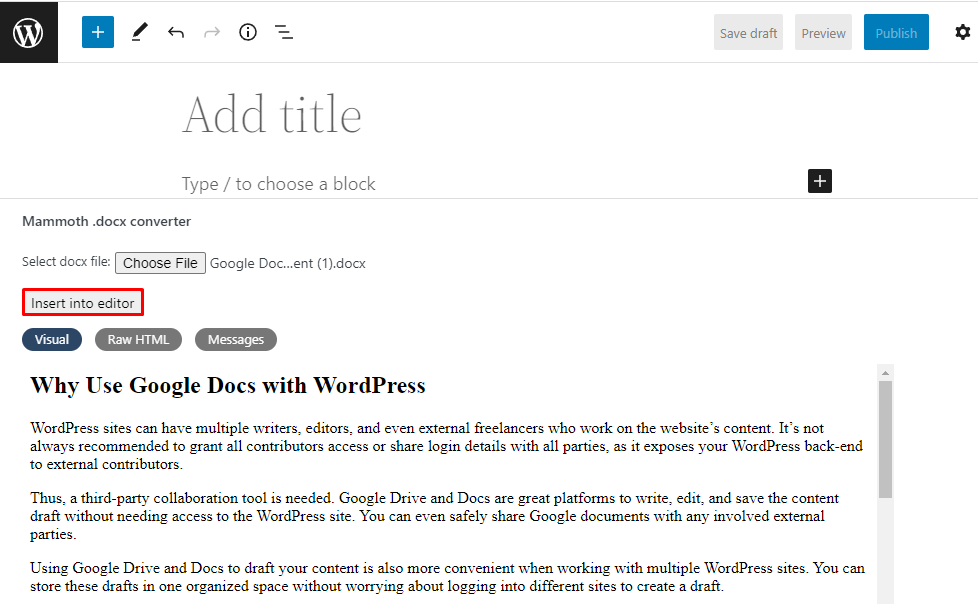 Mammoth .docx converter section, showing the preview of the uploaded DOCX file and highlighting the Insert into editor button