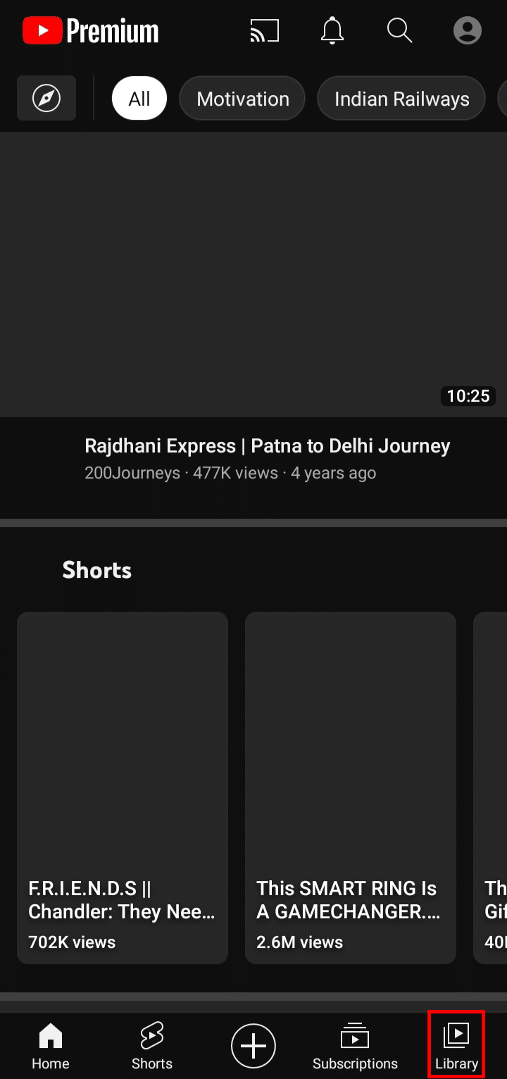 Tap on the Library icon at the bottom right corner of the screen. | How to Watch Deleted YouTube Videos | find old YouTube videos