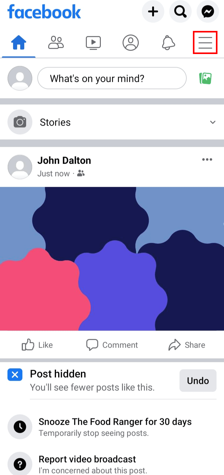 Tap on the hamburger menu icon at the top right of the screen. | How to See Someone's Deleted Comments on Facebook