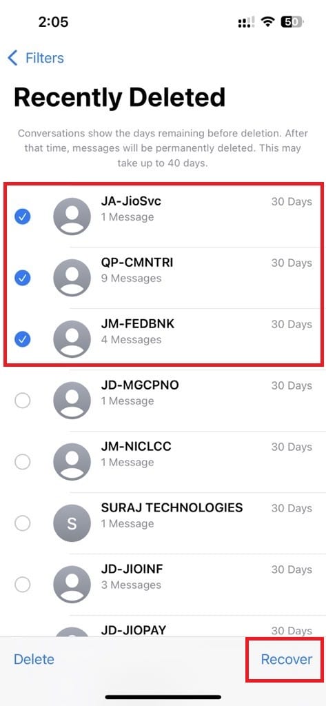 Select the messages you want to recover and click recover below. 