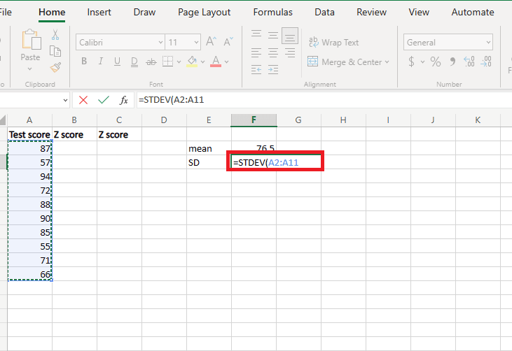 Type equals STDEV open bracket and again select the whole data