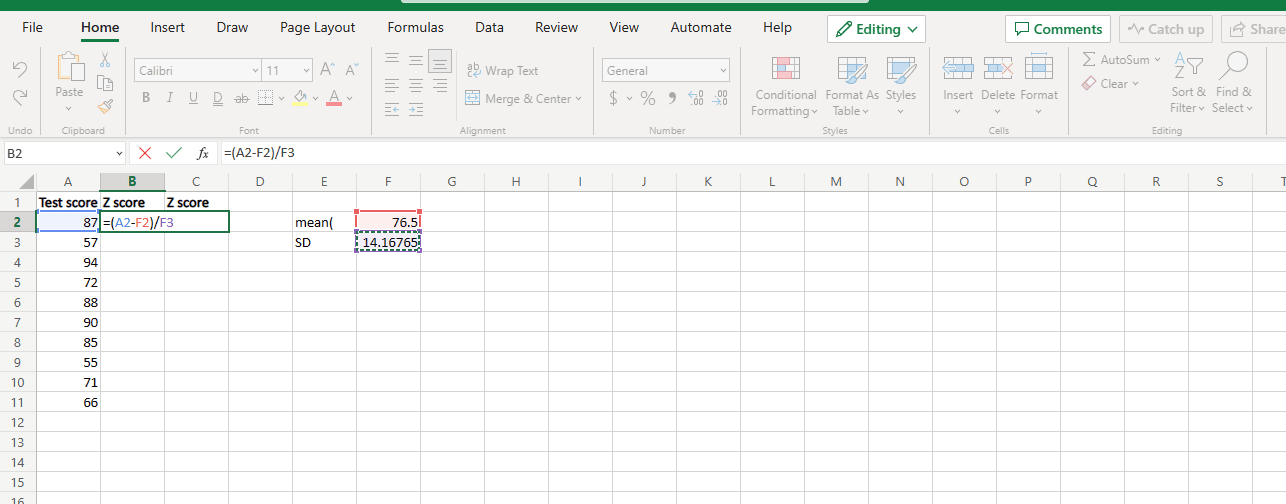 Put them into brackets, so it will be (A2-F2) here divided by standard deviation which is F3.