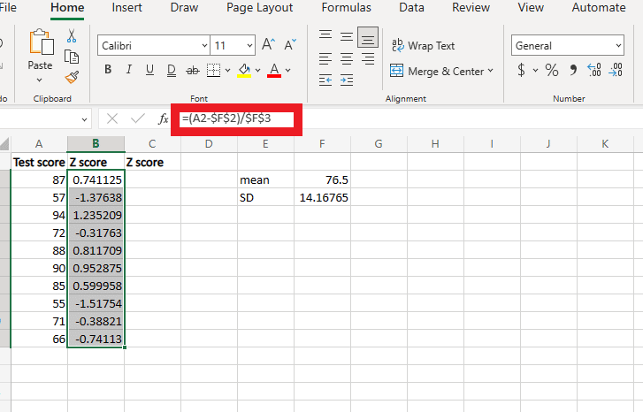Now, to repeat the same for all the values, add the $ sign in the formula (A2-$F$2)/$F$3 and then simply drag down and click ctrl D 