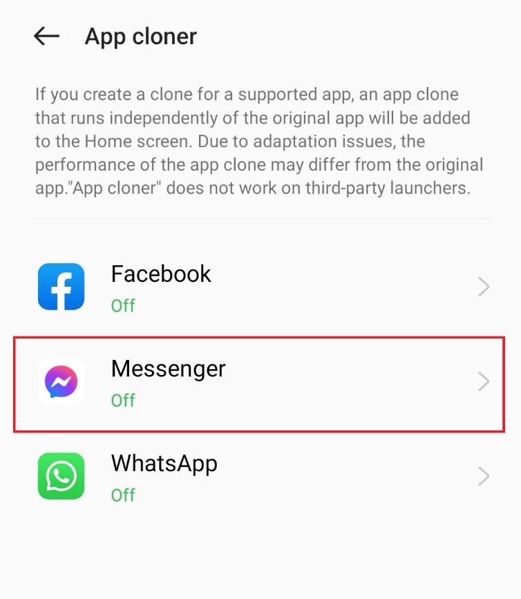 Choosing the Messenger App to be cloned
