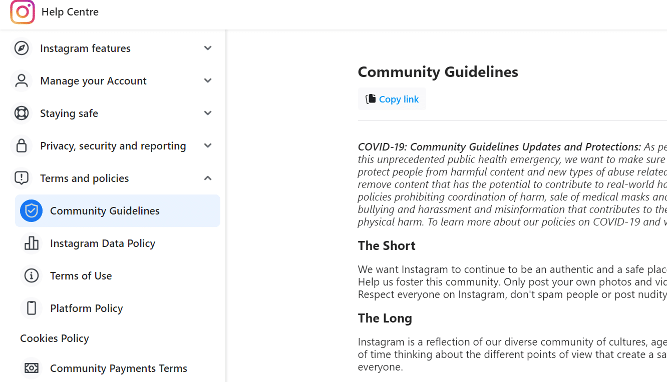 community guidelines of Instagram