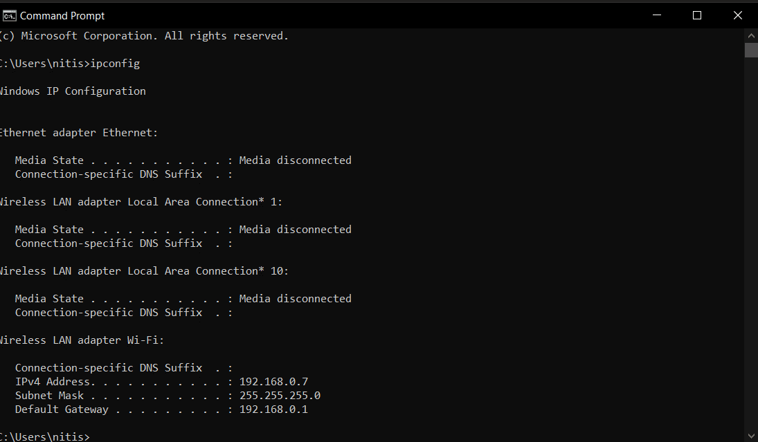 type ipconfig and press enter key | How to Find Printer IP Address on Windows 10