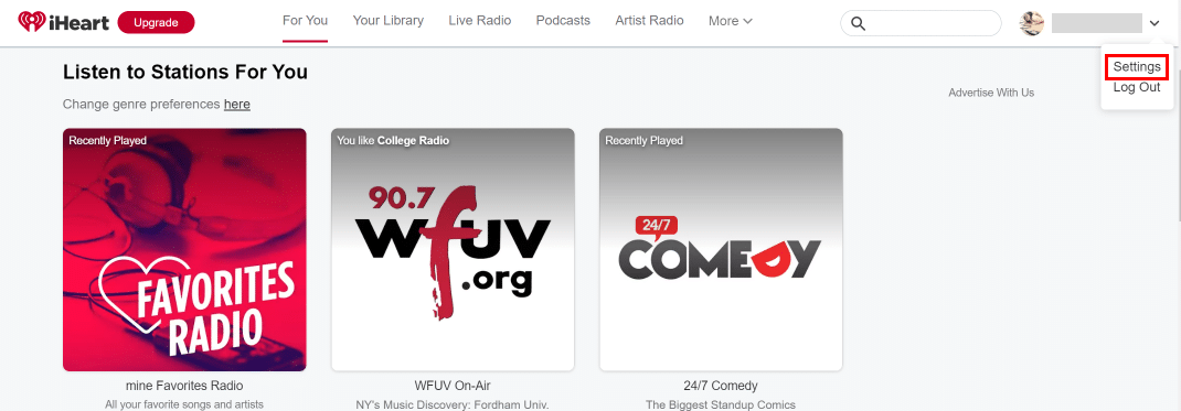 Once logged in, hover the arrow on the profile icon and click on Settings. | How to Delete iHeartRadio Account