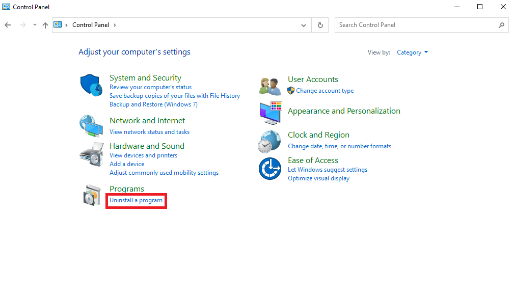 locate and click on uninstall a program under Programs